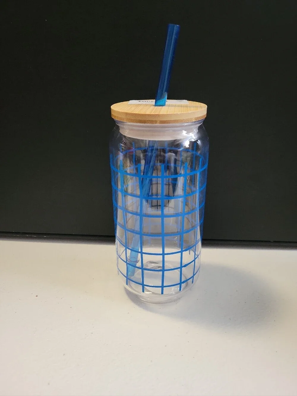 20 oz Acrylic Can-Shape Tumbler, Blue Grid Pattern Plastic